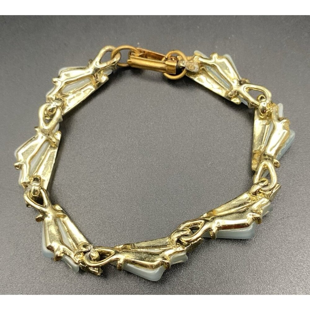 Vintage Gold Tone Link Bracelet Frosted Blue Lucite Mid-Century 6.5" Fold Over - Picture 2 of 8